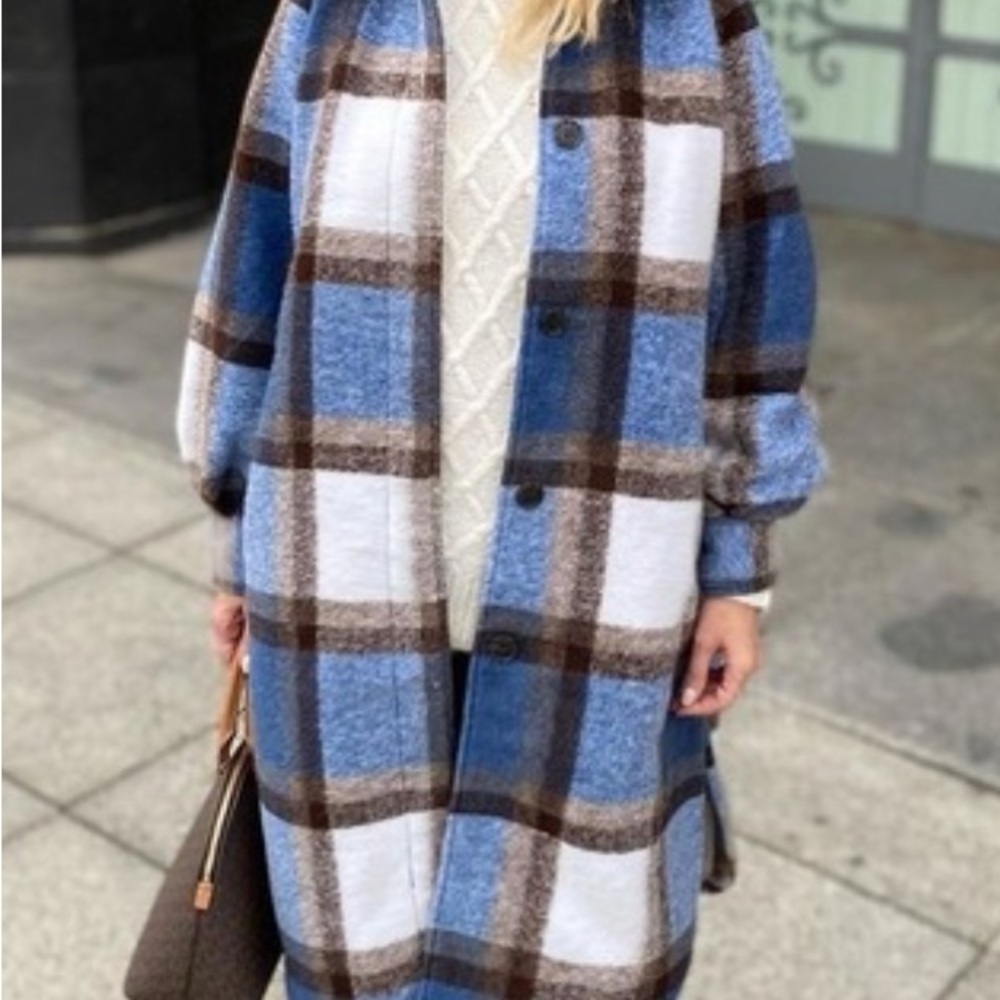 H&M Long Blue Plaid Coat